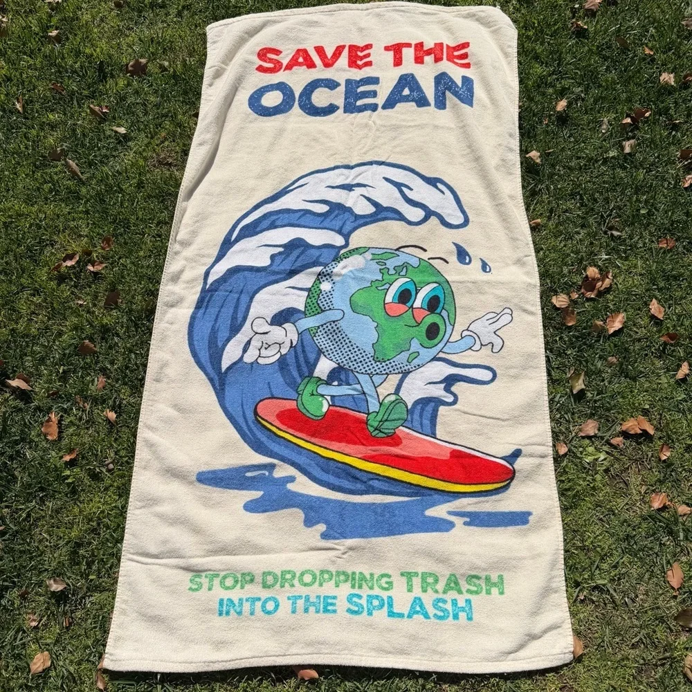 Save The Ocean Novelty Beach Towel No Trash in the Splash Cotton Blend 30x57 GUC